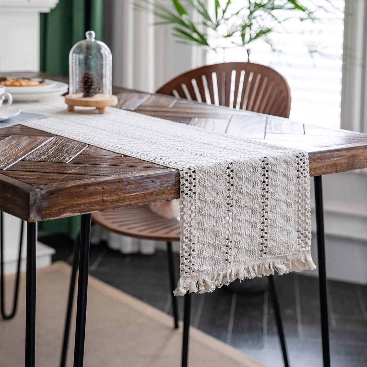 Macrame Table Runner Cream Beige Boho Table Runners with Tassels 12x71in