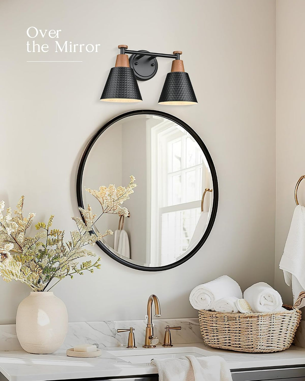 FEMILA Modern 2 Light Bathroom Vanity Lights, Industrial Bathroom Light Fixtures Over Mirror, Black Vanity Lighting Fixtures, Woodgrain Finish, 4FG59B-2W BK-NW
