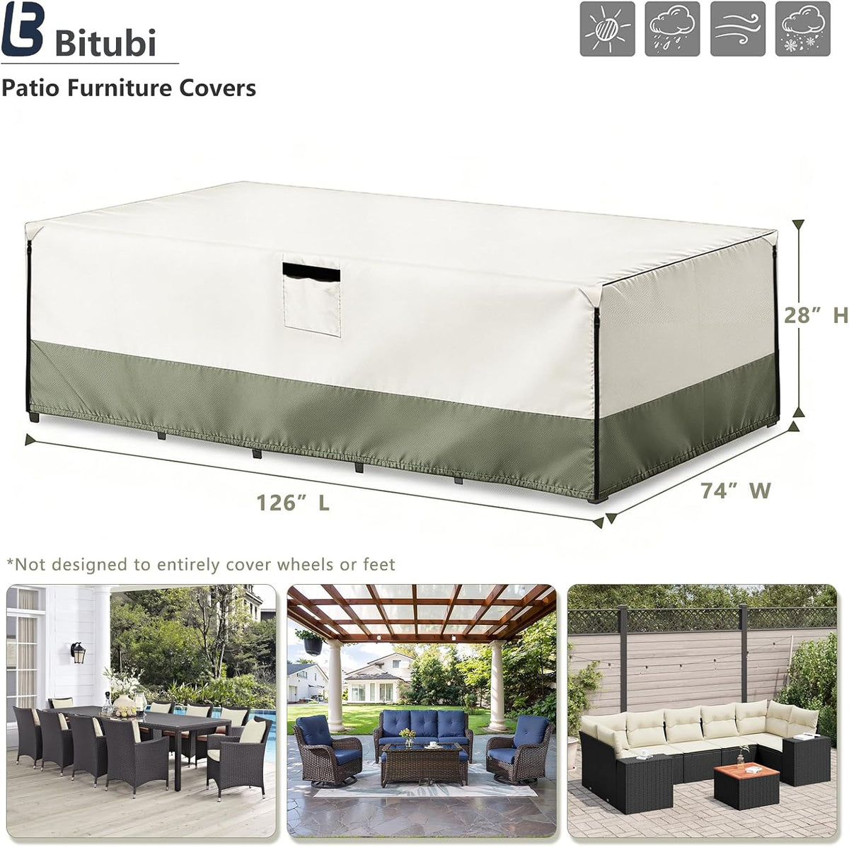 Bitubi Rectangular Patio Table Cover - Heavy Duty 600D Tough Canvas Waterproof Outdoor Dining Table and Chairs Universal Furniture Cover Size 126L x 74W x 28H inch, Beige