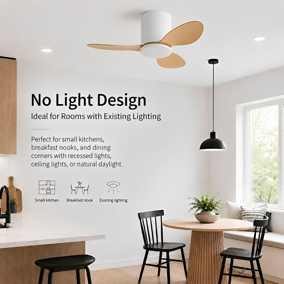 25 Inch Small Ceiling Fan No Light, Low Profile, White Wood Color