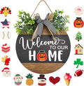 Interchangeable Seasonal Round Wood WELCOME TO OUR HOME Sign for Front Door,Rustic Hanging Wood Wreaths Sign,Farmhouse Porch Fence Welcome Wreaths Decorations.(12inch)