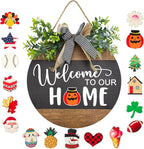 Interchangeable Seasonal Round Wood WELCOME TO OUR HOME Sign for Front Door,Rustic Hanging Wood Wreaths Sign,Farmhouse Porch Fence Welcome Wreaths Decorations.(12inch)