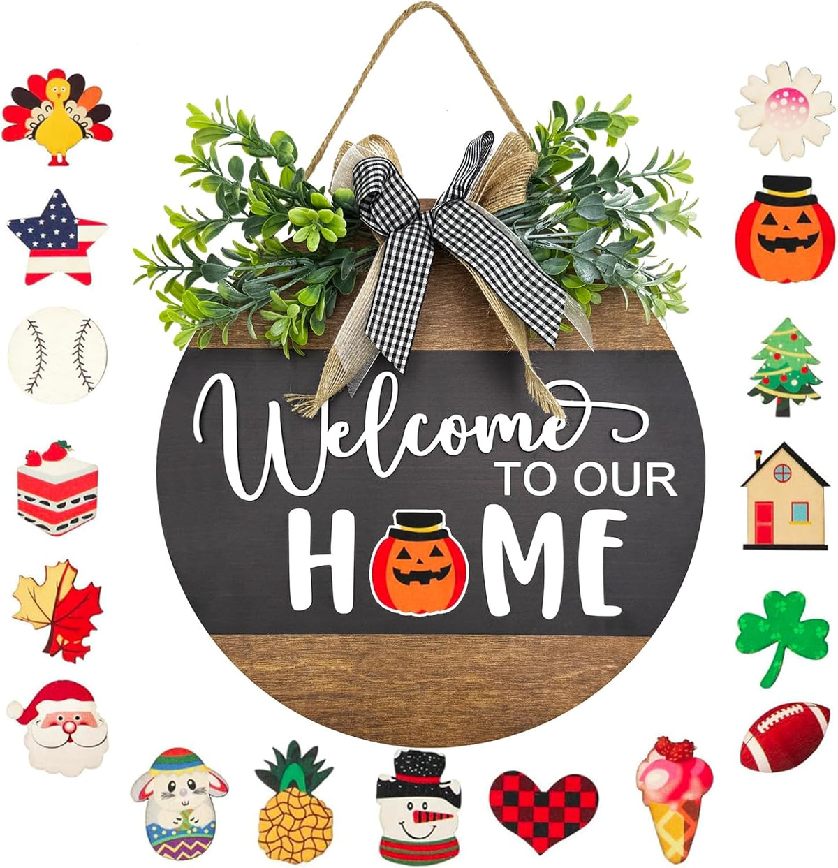 Interchangeable Seasonal Round Wood WELCOME TO OUR HOME Sign for Front Door,Rustic Hanging Wood Wreaths Sign,Farmhouse Porch Fence Welcome Wreaths Decorations.(12inch)