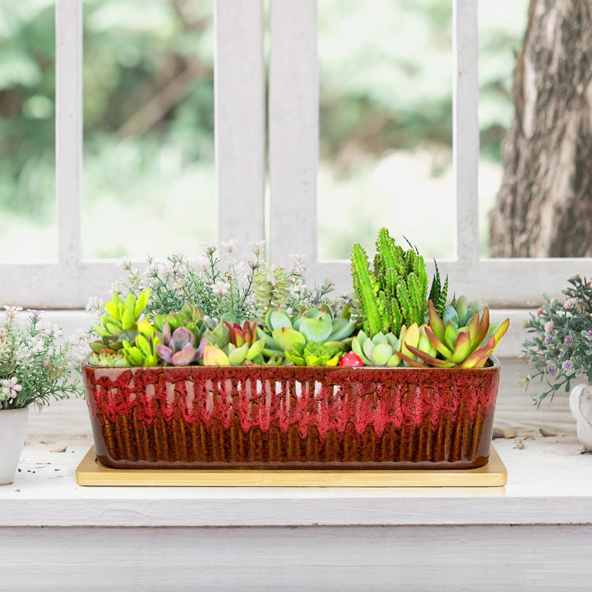 Succulent Pots, 12'' Long Rectangle Planters with Tray, Windowsill Planter