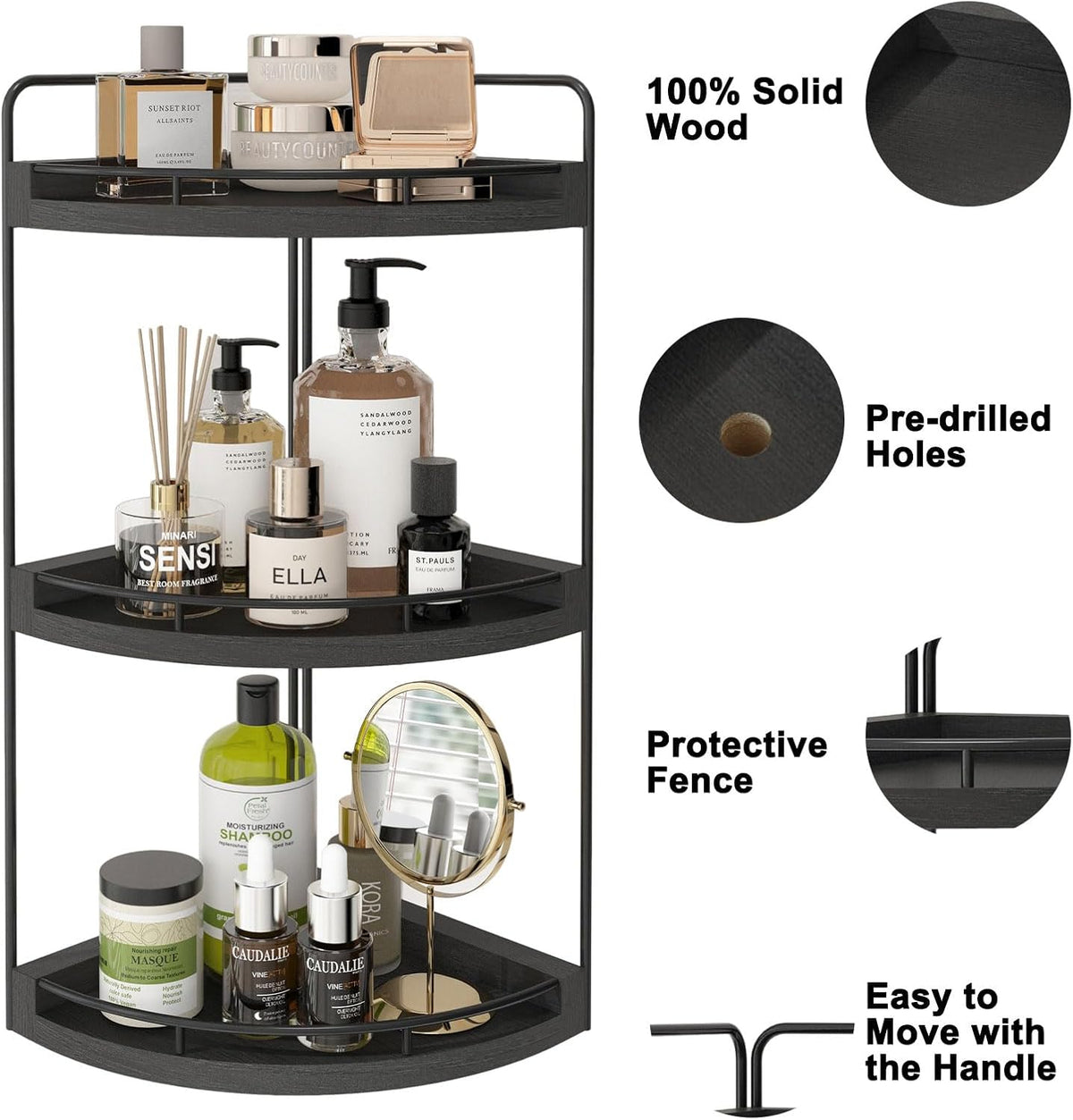 Fixwal 3 Tier Corner Bathroom Countertop Organizer Vanity Wood Shelf Black
