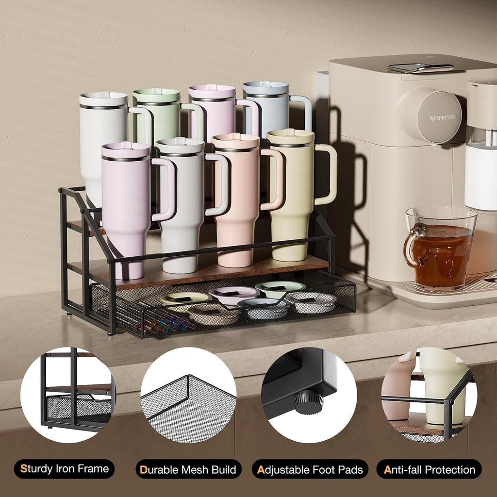 MOJOHAND 3-Tier Stanley Cup Rack with Basket for 8 Tumblers
