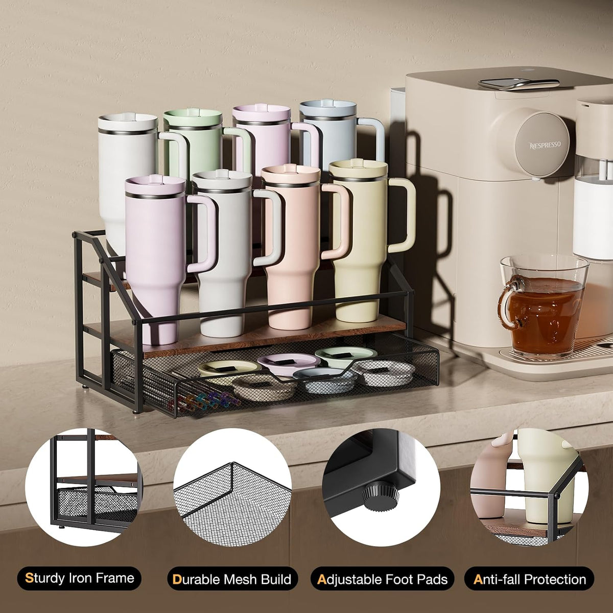 MOJOHAND 3-Tier Stanley Cup Rack with Basket for 8 Tumblers