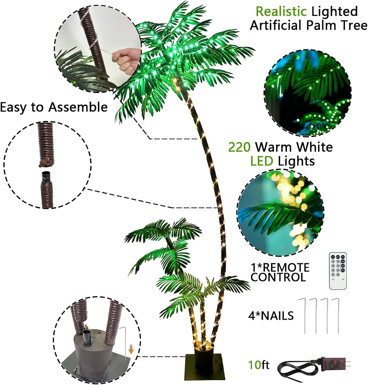 6 Feet Artificial Palm Tree, Light Up 220LED Christmas Tree Decorations, 8 Modes Fake Room Decor Palm Trees for Outside Patio, Home Indoor, Tiki Bar, Outdoor Pool Tropical Party