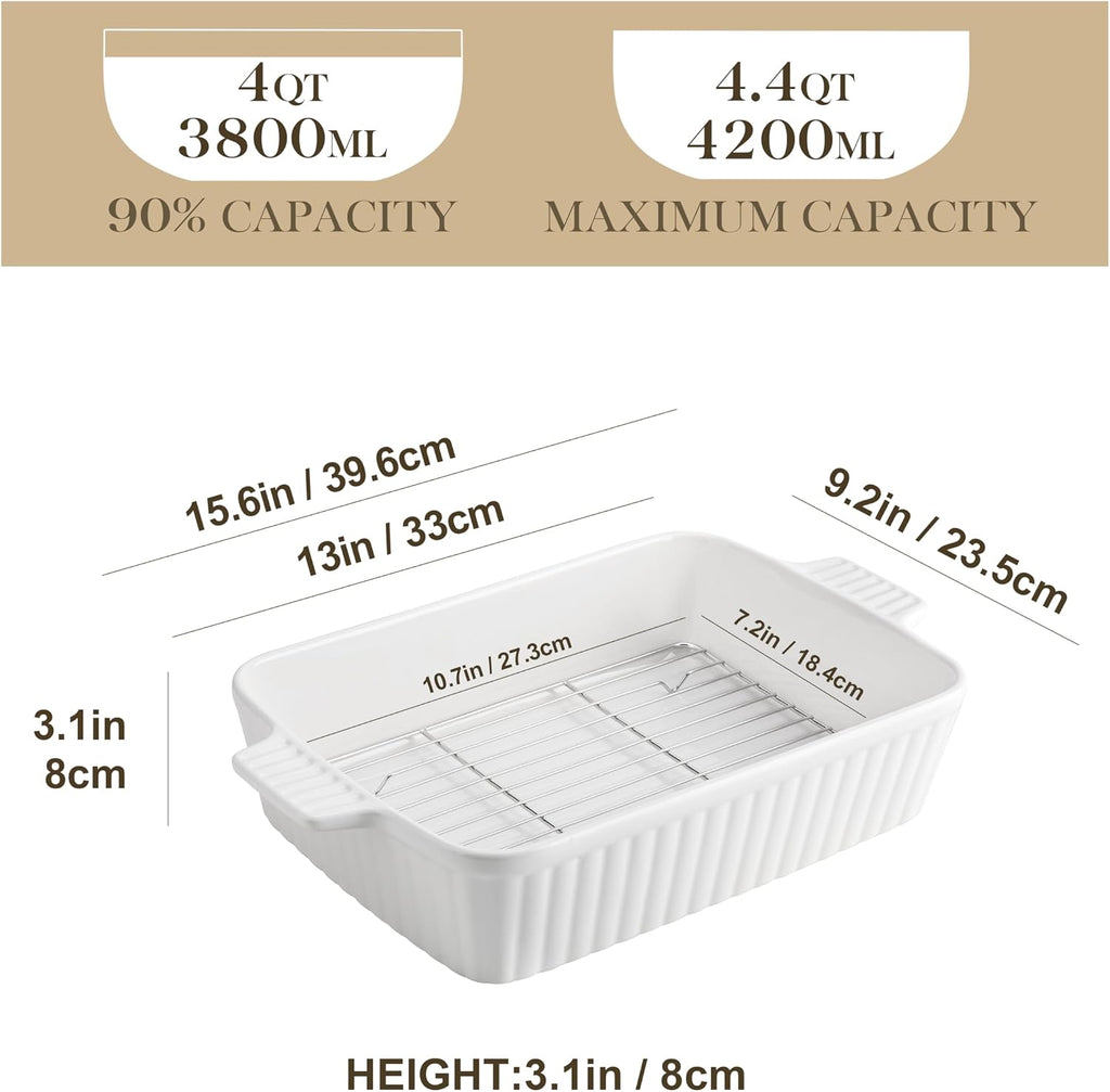 MALACASA 4.4 QT Baking Dishes with Rack,Casserole Dishes for Oven,White