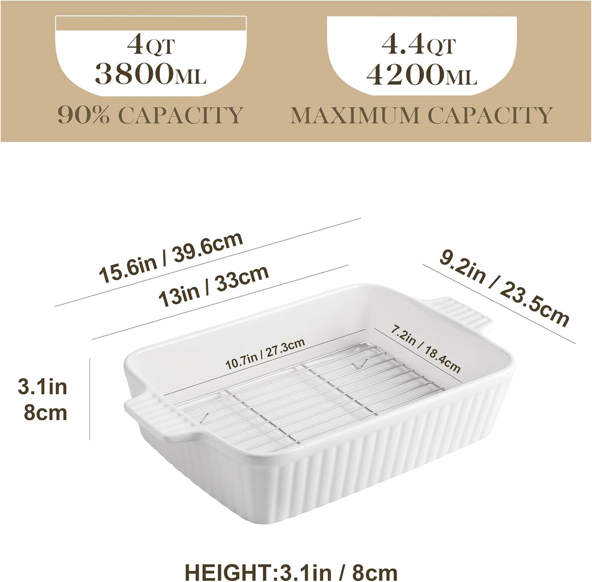 MALACASA 4.4 QT Baking Dishes with Rack,Casserole Dishes for Oven,White