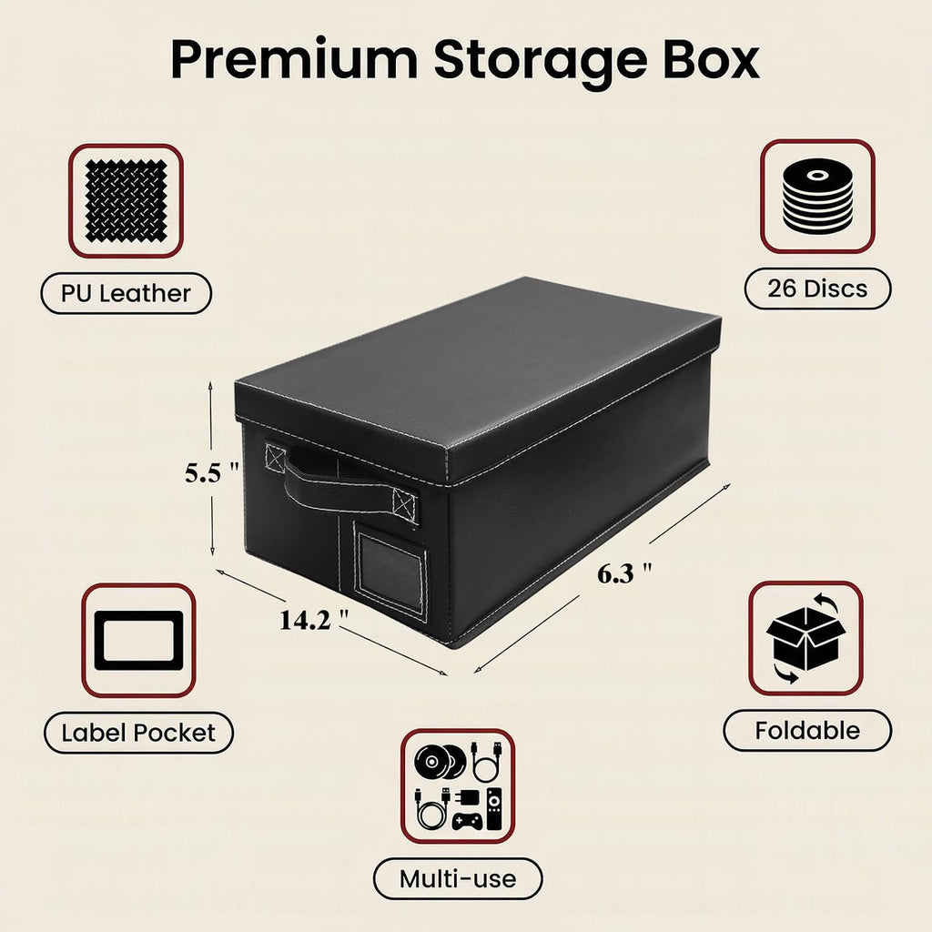 DVD Storage Boxes with Lid, 4 Pack Holds 104 DVD Cases Total, Stackable Leather Media Organizer for Blu ray, Video Game, CDs