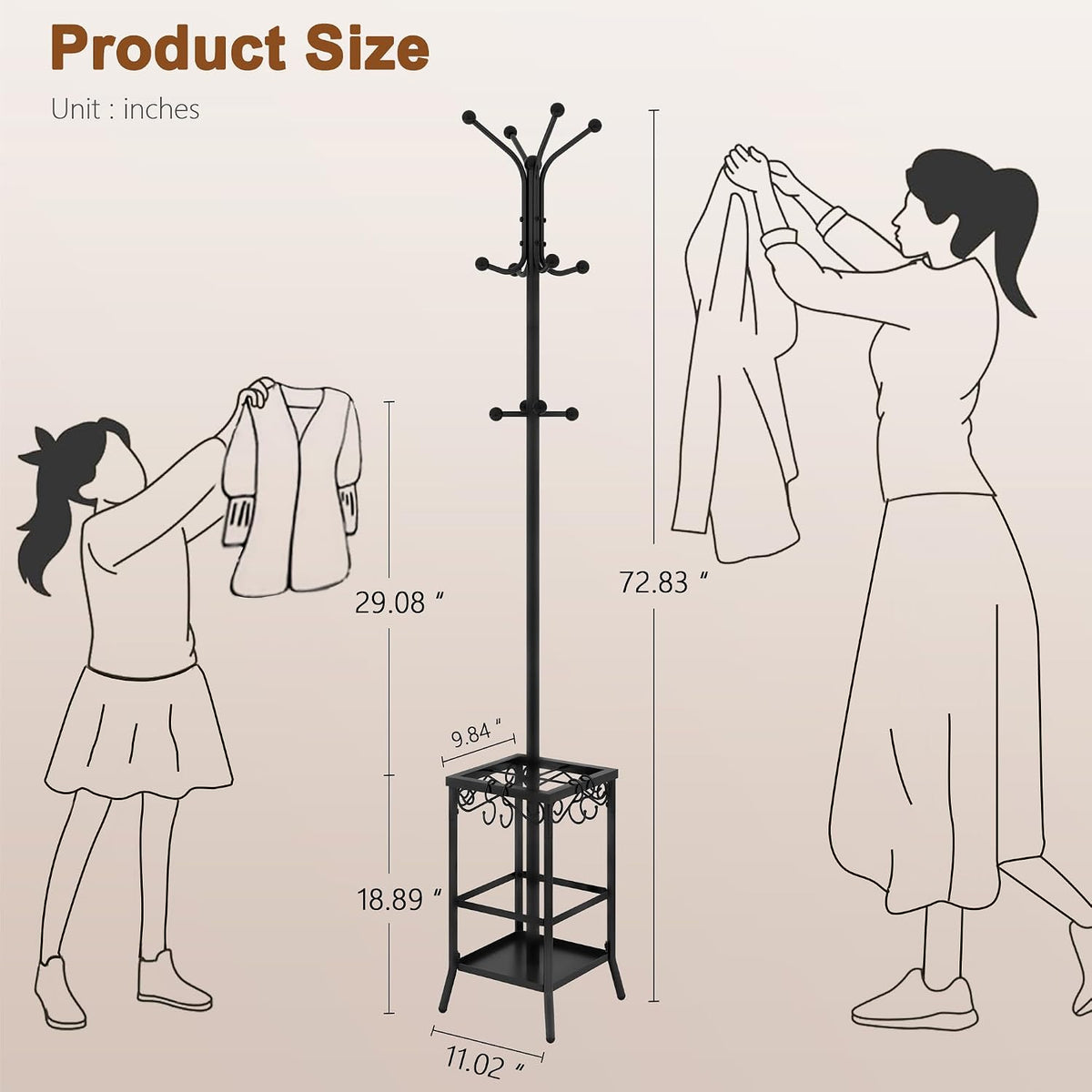 Hoctieon Coat Rack Freestanding, Coat Tree with Umbrella Holder, Metal Coat Rack Stand with 12 Hooks, Standing Coat Hanger Stand, Umbrella Stand for Entryway, Hat Rack Stand for Home Office, Black