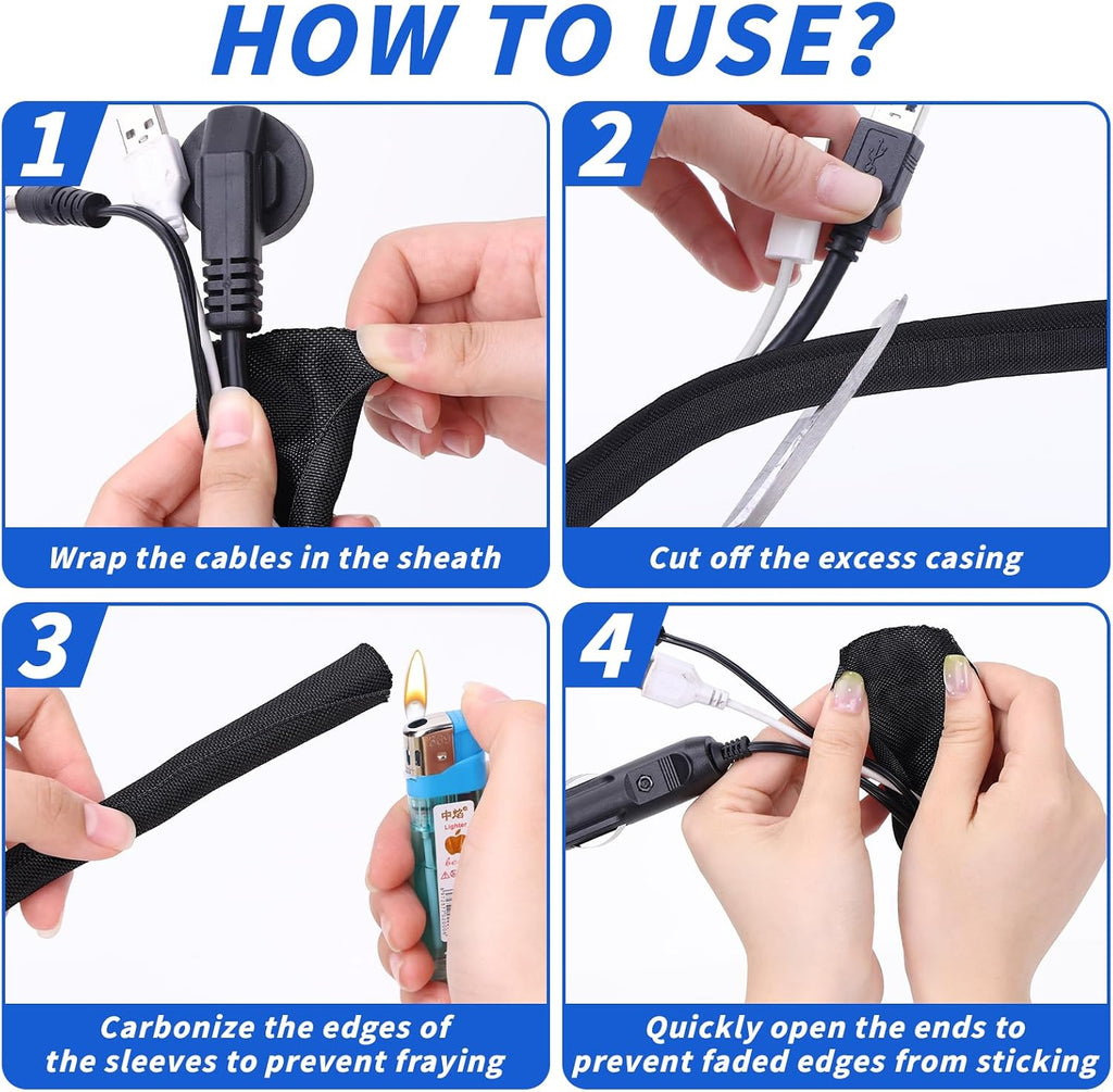 30ft - 1/4in Split Braided Sleeve Cable Management, Self-Wrapping