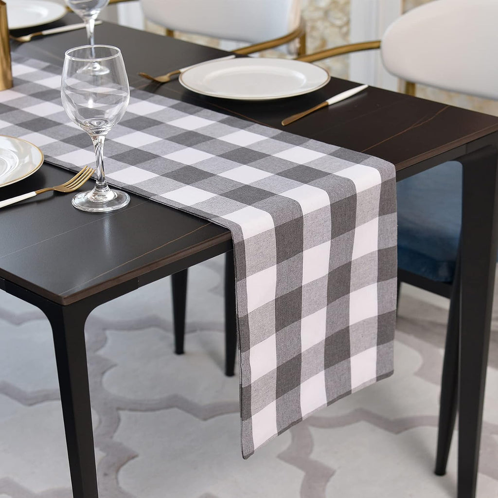 Purple & White 2 Side Buffalo Check Farmhouse Table Runner for Family Dinners or Gatherings Indoor or Outdoor Parties Everyday Use 12" x 72"