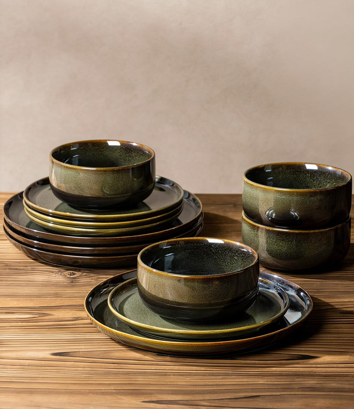 Ceramic Dinnerware Set for 4, 12-Piece Plates and Bowls Set