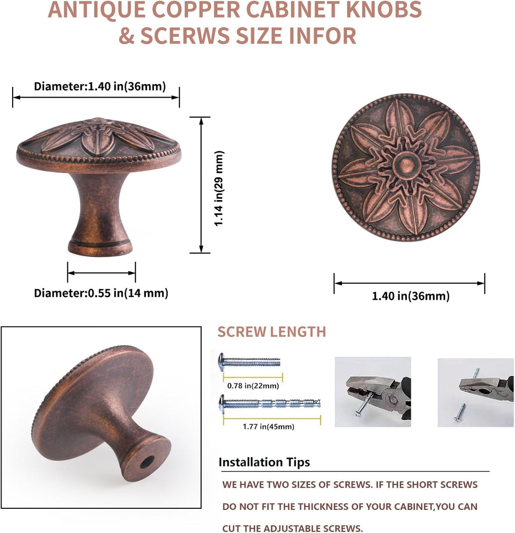 4 Pack Antique Copper Cabinet Knobs Vintage Drawer Knobs,1.4" Round Copper Kitchen Cabinet Knobs Handles for Cabinets and Drawers Vintage Dresser Knobs
