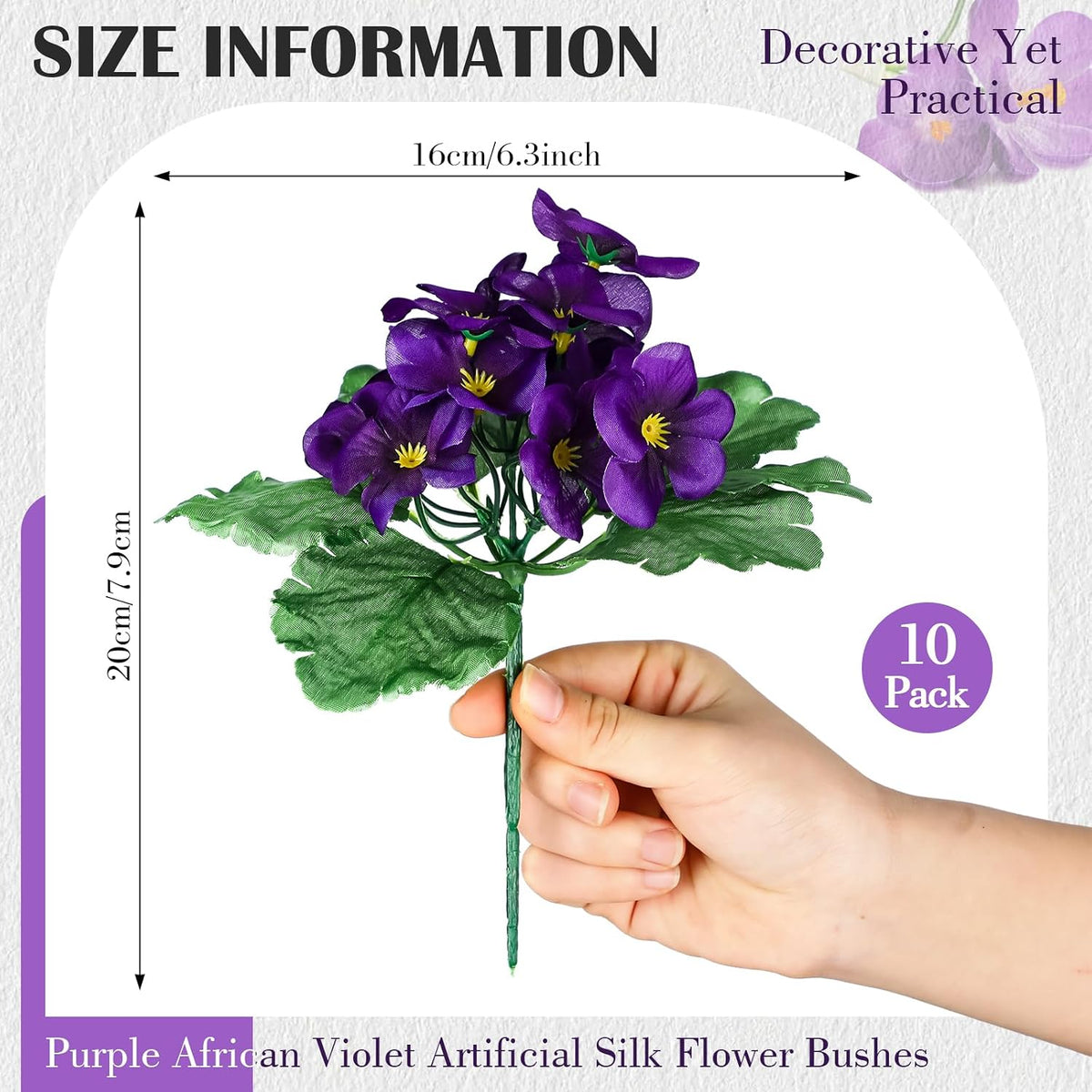 10 Pcs Artificial African Violets, Purple 9 Inches Flowers
