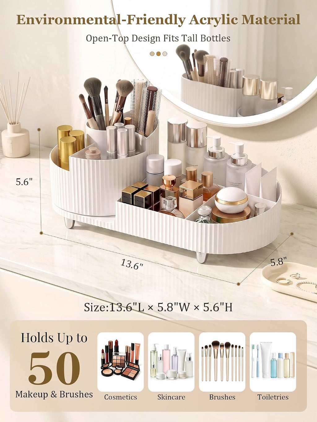 Rotating Makeup Organizer for Vanity Countertop, White