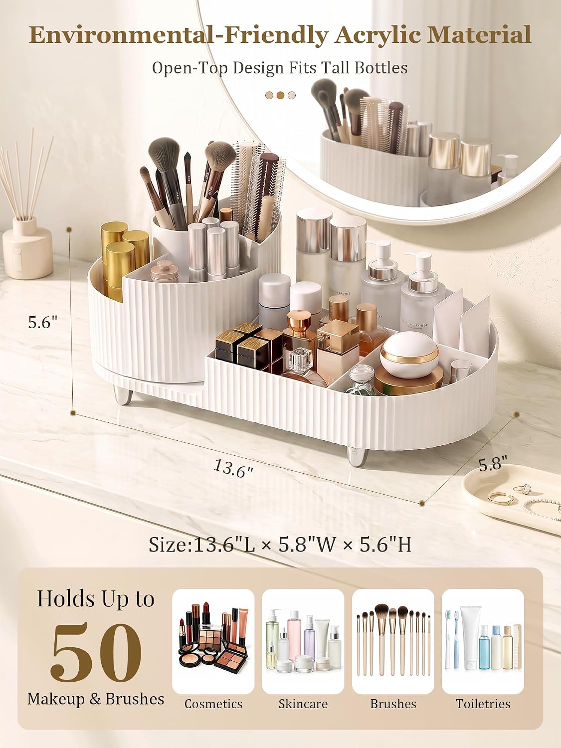 Rotating Makeup Organizer for Vanity Countertop, White