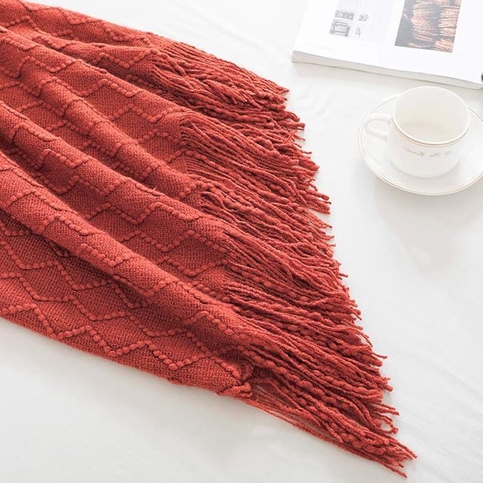 BOURINA Rust Throw Blanket 50x60 Inches Throw Textured Solid Soft Sofa Throw - Image 3