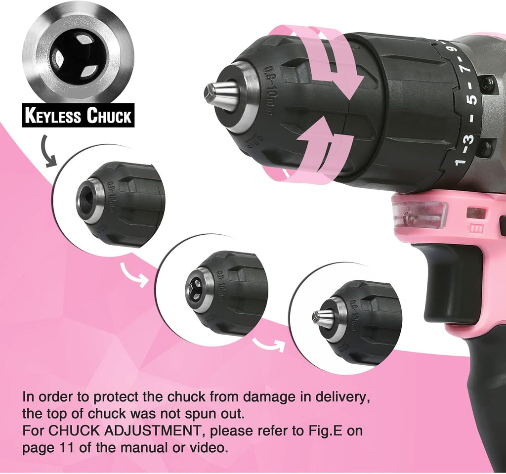 WORKPRO 20V Cordless Drill Driver Set, Pink, 3/8" Keyless Chuck
