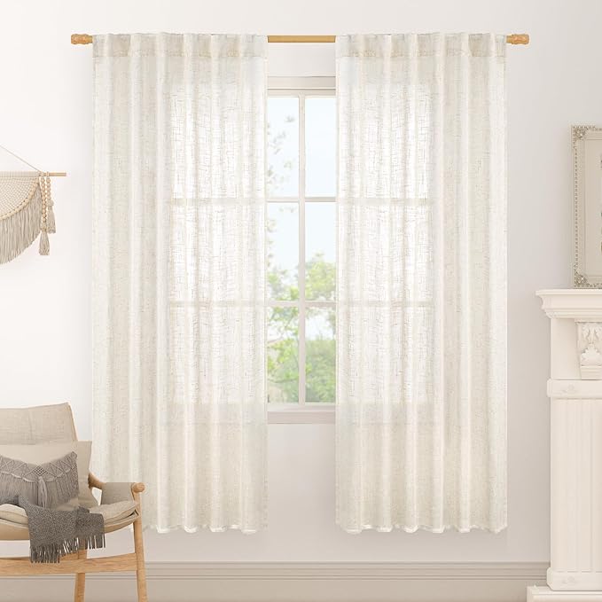 LAMIT Cream Linen Boho Curtains, 78 inch Length, 2 Panels, Light Filtering Semi by LAMIT