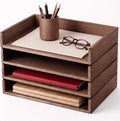 Yeaqee 4 Pcs Stackable Organizer Tray Wood Desk Organizer, Dark Wood Color