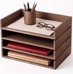 Yeaqee 4 Pcs Stackable Organizer Tray Wood Desk Organizer, Dark Wood Color