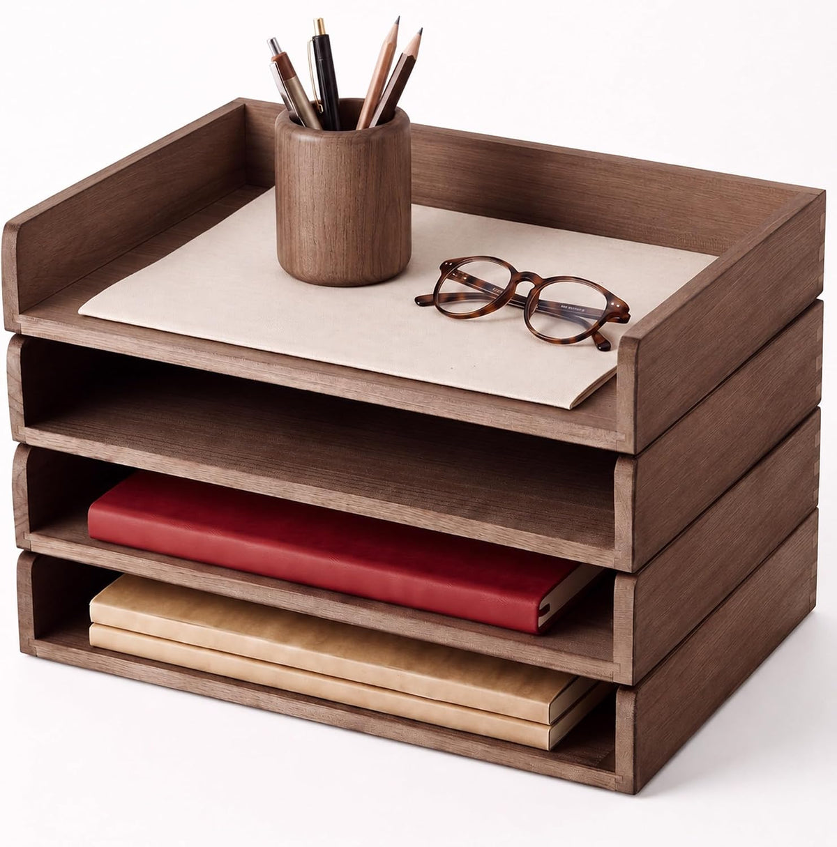 Yeaqee 4 Pcs Stackable Organizer Tray Wood Desk Organizer, Dark Wood Color