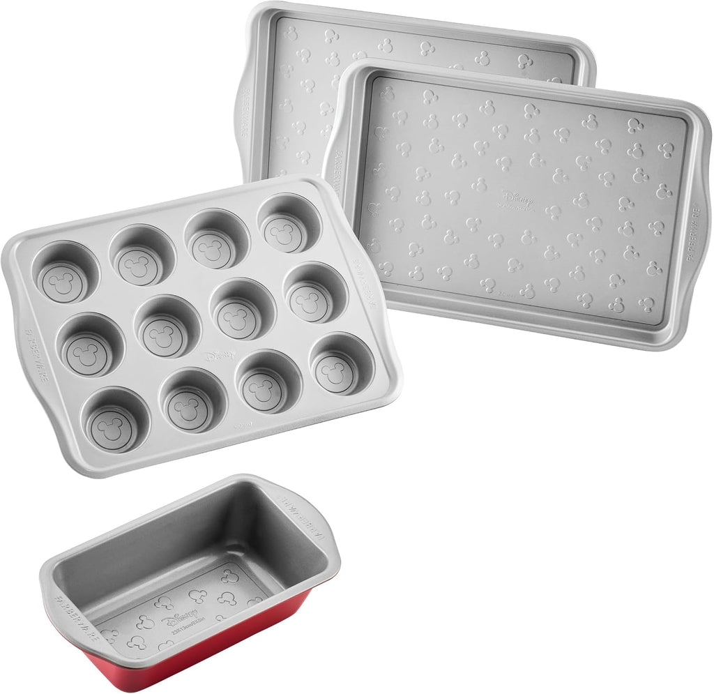 Farberware Disney Bake with Mickey Mouse Nonstick Bakeware Set/Baking Pans with Disney Home Oven Mitts, Cookie Pans, Muffin/Cupcake and Loaf Pan, 6 Piece Non Stick Bakeware Set - Red