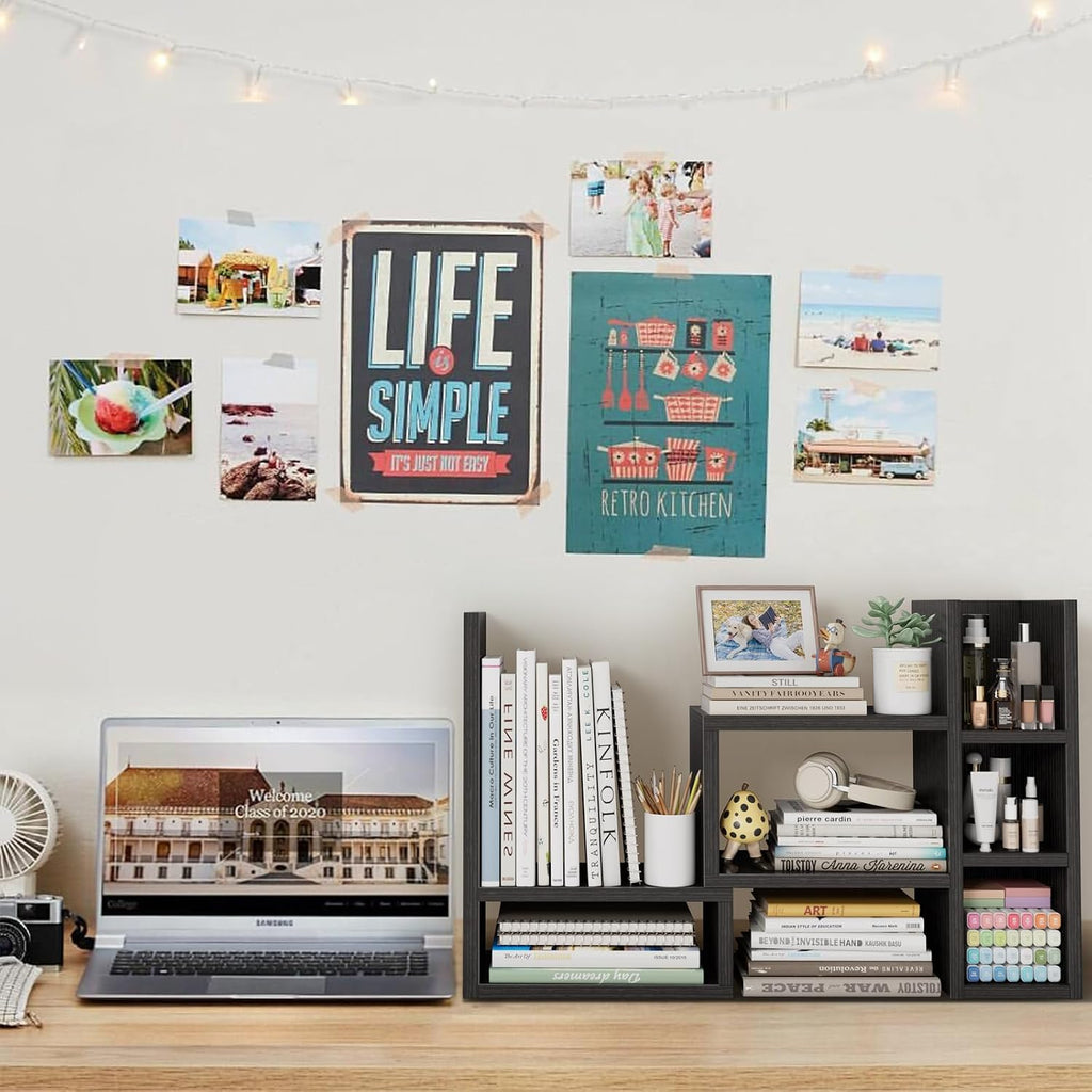 NUTIKAS Desk Shelves Desktop Organizer Shlef - Black Office Organization for Top of Desk Organizers and Accessories Corner Bookshelf Table Top Shelving Small Hutch Decorations for Office