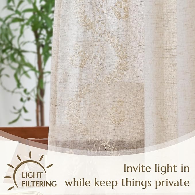 jinchan Belrose Linen Curtains for Bedroom Floral Curtains 96 Inch Length Linen - Image 5