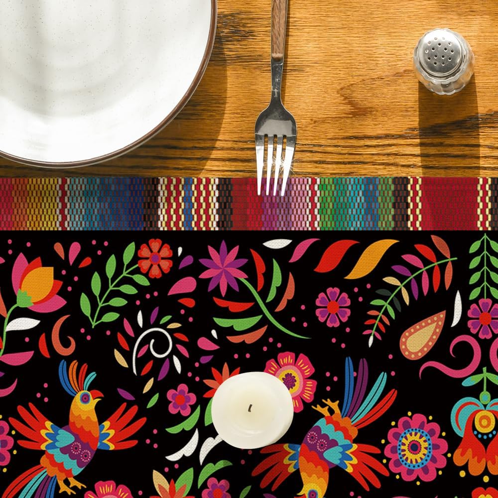 Artoid Mode Bird Dia De Los Muertos Serape Mexican Fiesta Table Runner, Cinco De Mayo Day of The Dead Kitchen Dining Table Decoration for Home Party Decor 13x120 Inch