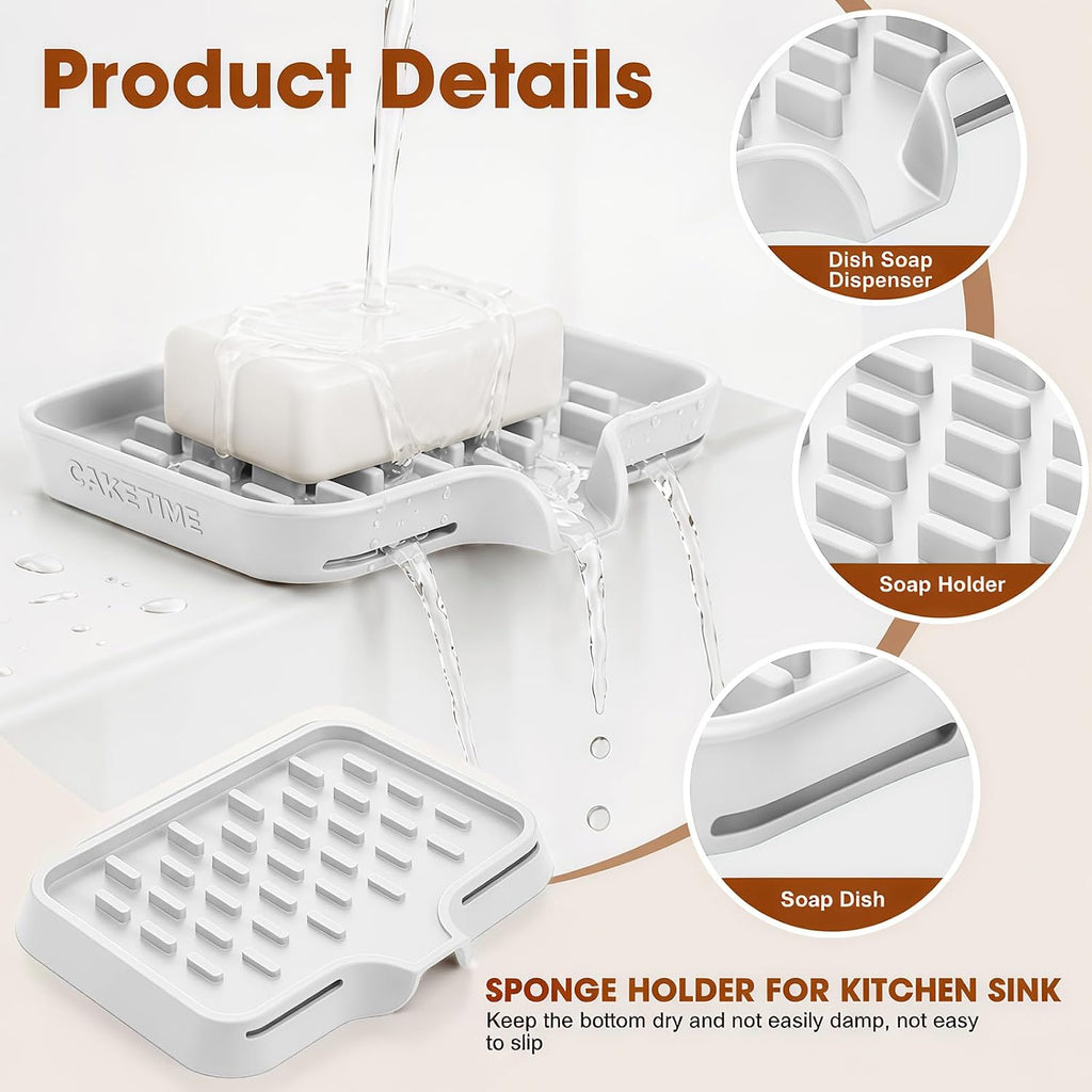 CAKETIME 2 Pack Silicone Soap Dish with Drainage Holes for Bathroom Shower Caddy Kitchen Counter Sponge Holder Saver Tray Sink Accessories Jabonera Storage Solution Funny Gifts for Women White