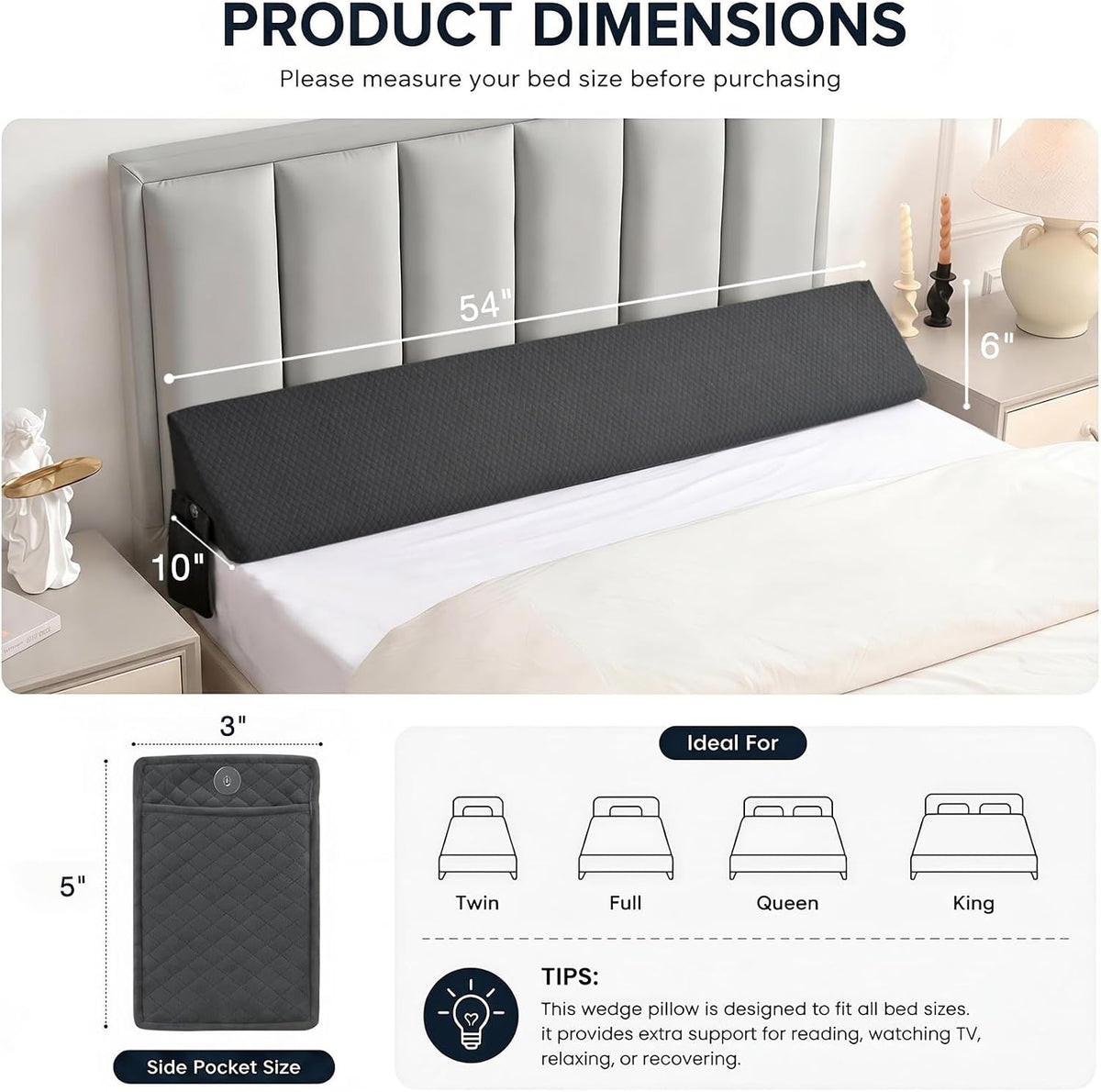 Full Bed Wedge Pillow Headboard & Mattress Gap Filler Long Triangle Pillow