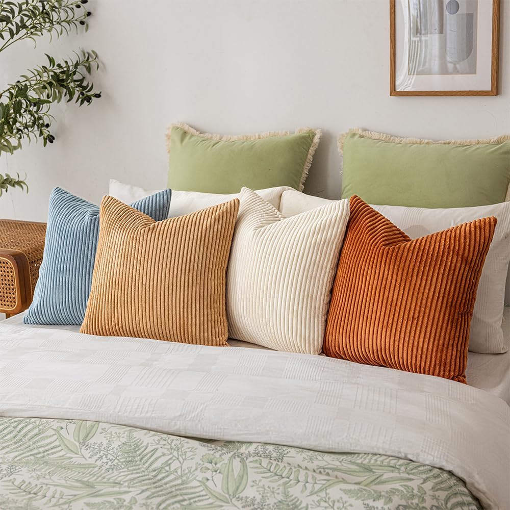 LANANAS Decorative Corduroy Throw Pillow Covers 18x18 Inch Cream-Orange