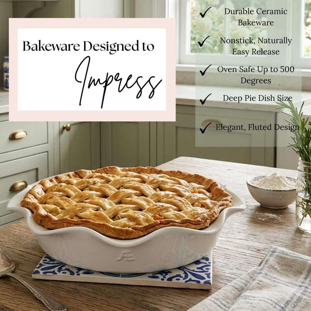 9-inch Ceramic Fluted Deep Pie Dish for Baking Pies, Quiche, and Desserts- Non-stick, Easy to Clean, Elegant Bakeware with Embossed Logo, Oven & Dishwasher Safe