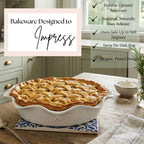 9-inch Ceramic Fluted Deep Pie Dish for Baking Pies, Quiche, and Desserts- Non-stick, Easy to Clean, Elegant Bakeware with Embossed Logo, Oven & Dishwasher Safe