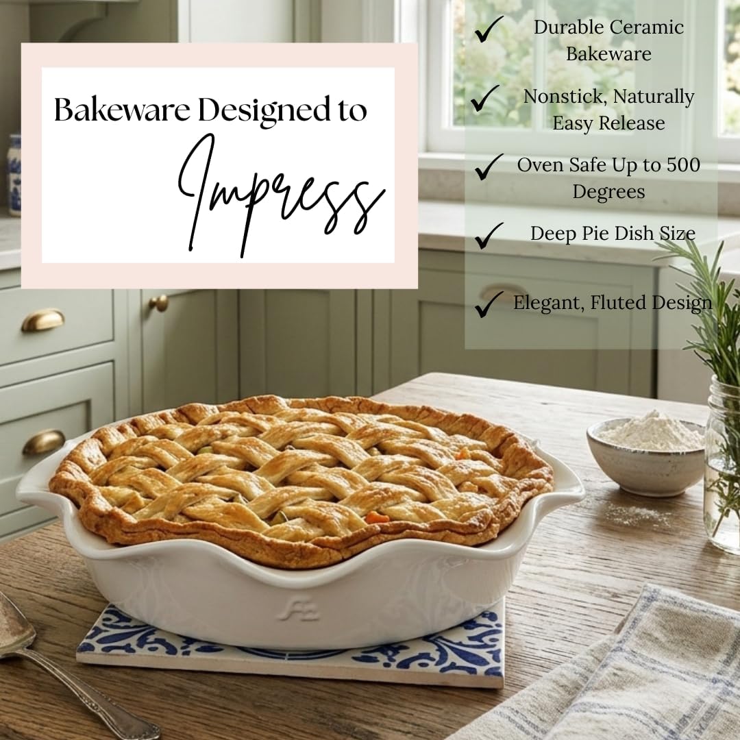 9-inch Ceramic Fluted Deep Pie Dish for Baking Pies, Quiche, and Desserts- Non-stick, Easy to Clean, Elegant Bakeware with Embossed Logo, Oven & Dishwasher Safe