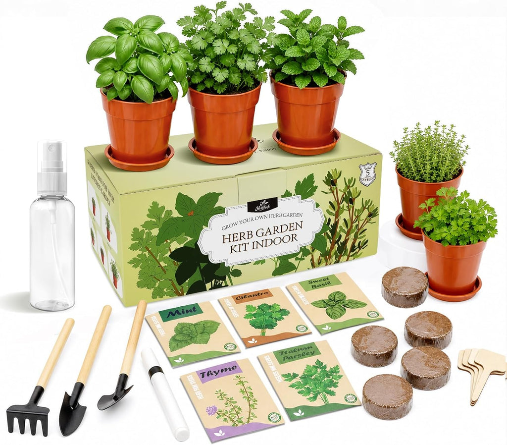 Herb Garden Kit, Indoor Herb Garden Starter Kit with Pots & Herb Seeds, Beautiful Gift Box, Gardening Gift for Women & Mom, Birthday, Christmas & Housewarming