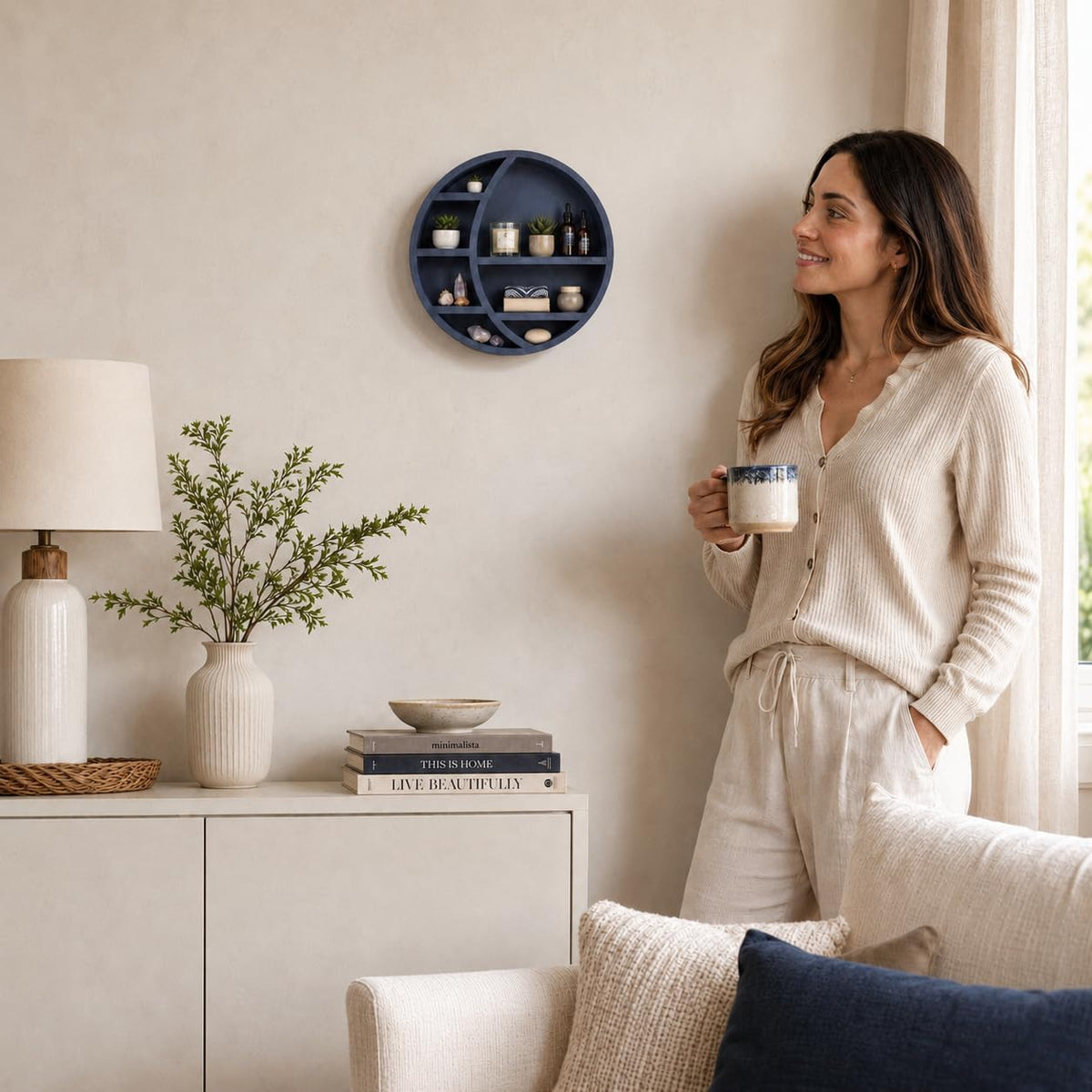 Wooden Crescent Moon Shelf Wall Decor — Aesthetic Floating Crystal Display Holder & Hanging Wall Organizer for Bedroom, Dorm & Spiritual Room Decor | 14"x14"x3.5" | (Navy Blue)