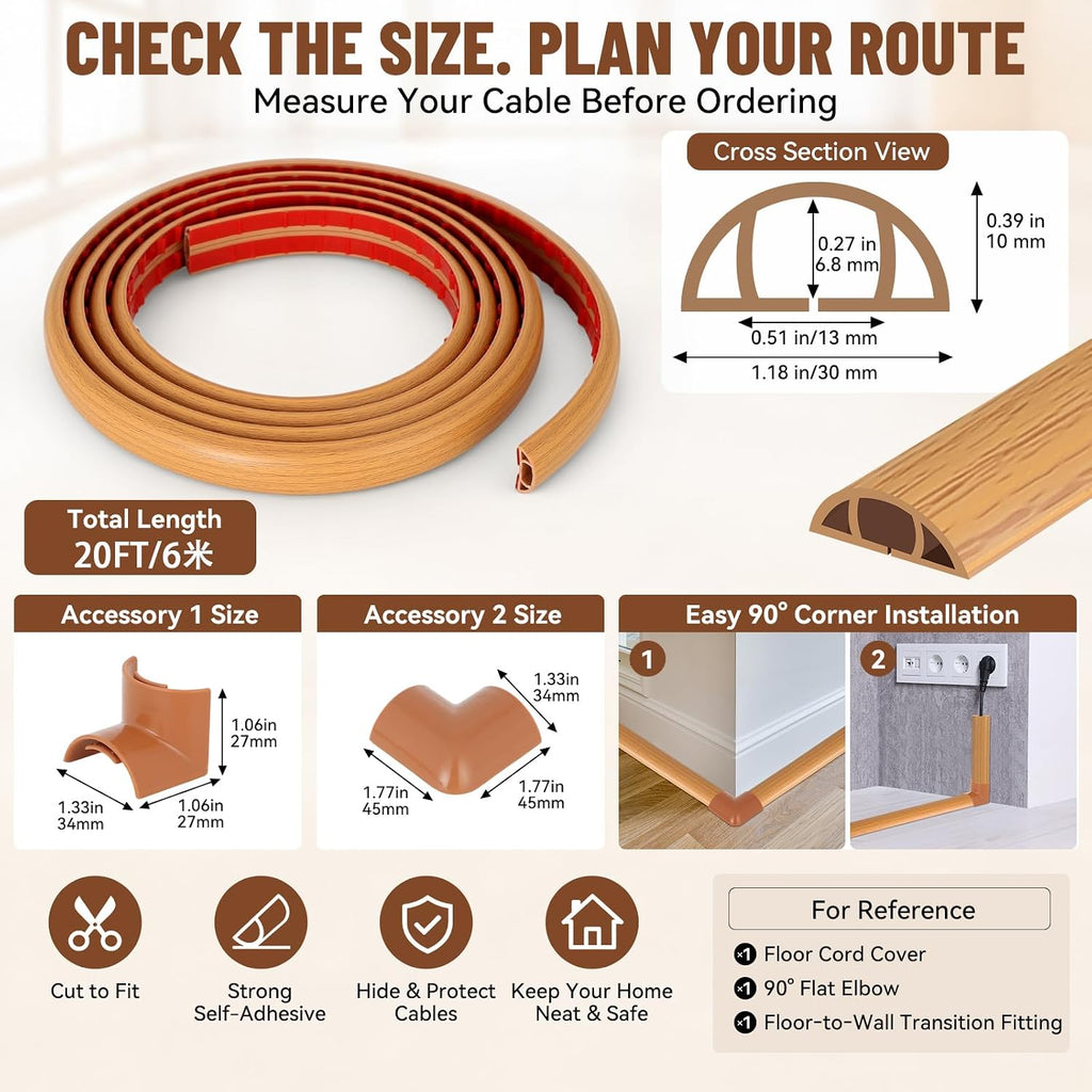Floor Cord Cover Self Adhesive Cord Hider, Cable Management, Extension Strip Protector for Wires (Light Brown Wood Grain, 1.18" x 20')