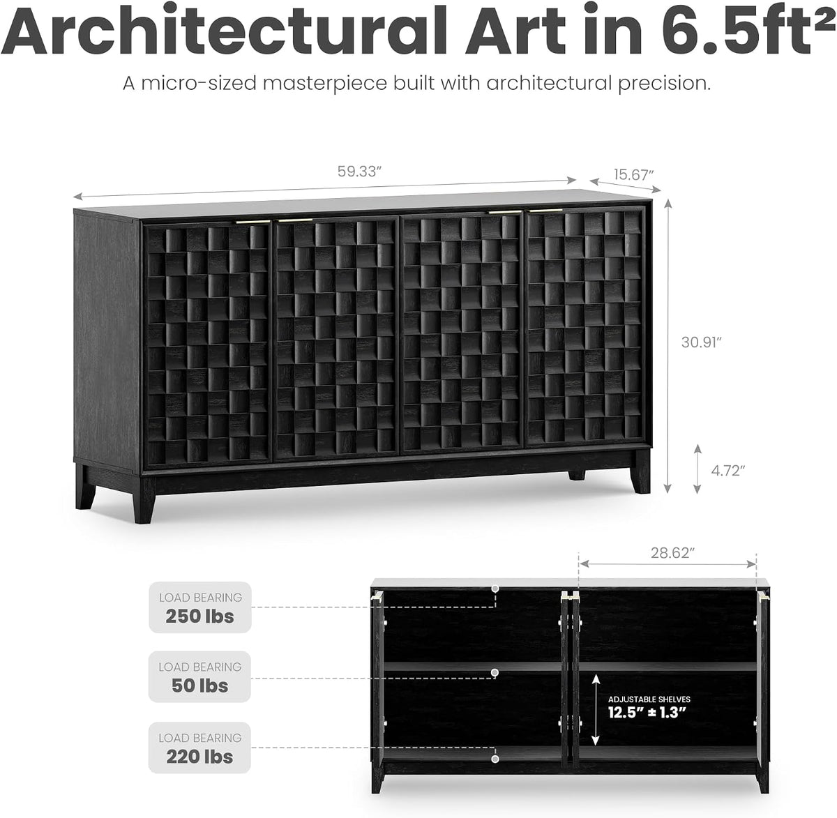 MALOL 59" Fluted Sideboard Buffet Cabinet with Storage, Wood Buffet Table with 4 3D-Checkerboard Doors & Adjustable Shelves, Kitchen Dining Room Coffee Bar Cabinet, Mid Century Modern Style, Black