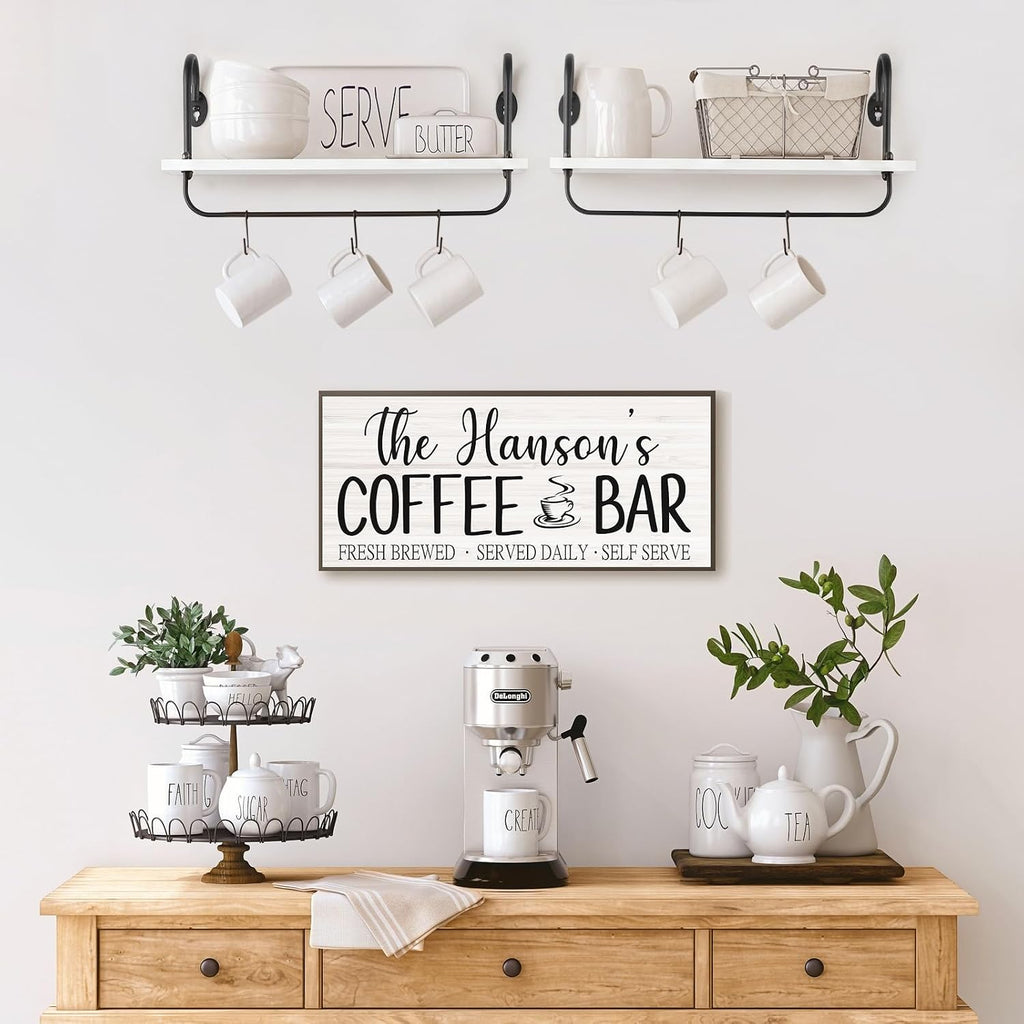 Floating Wall Shelves for Kitchen Bathroom Coffee Nook with 10 Adjustable Hooks for Mugs Cooking Utensils or Towel Rustic Storage Shelves Set of 2/17x5.9 inch (White)