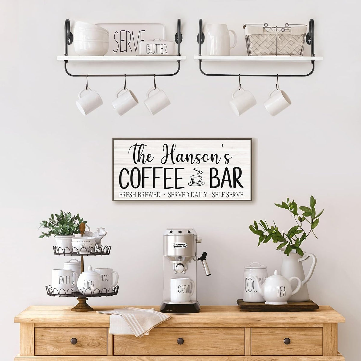Floating Wall Shelves for Kitchen Bathroom Coffee Nook with 10 Adjustable Hooks for Mugs Cooking Utensils or Towel Rustic Storage Shelves Set of 2/17x5.9 inch (White)