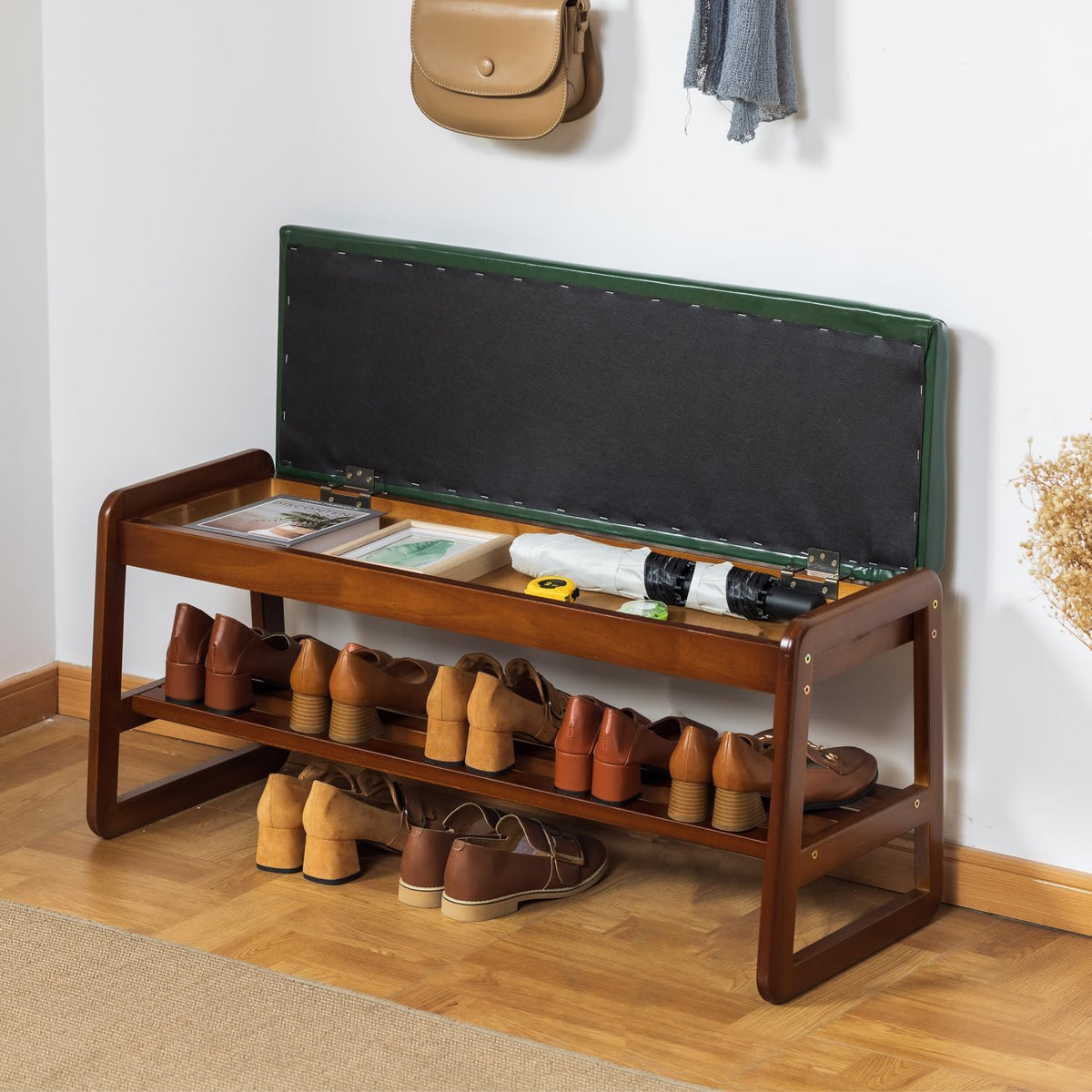 latifolia 2 Tier Shoe Rack Bench with Flip-Top Storage, Green