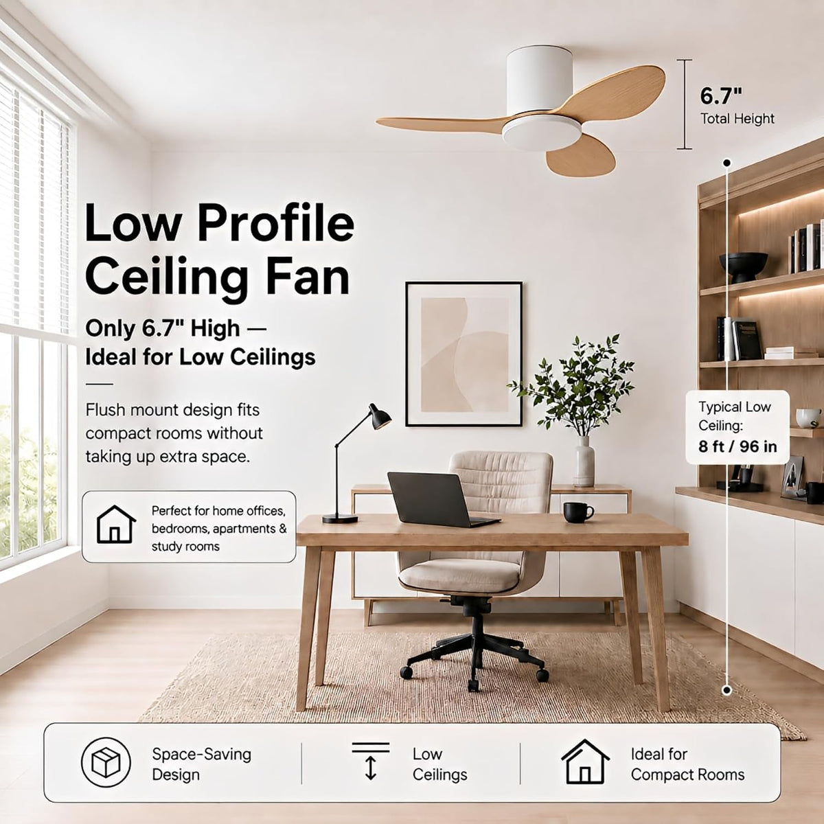 25 Inch Small Ceiling Fan No Light, Low Profile, White Wood Color