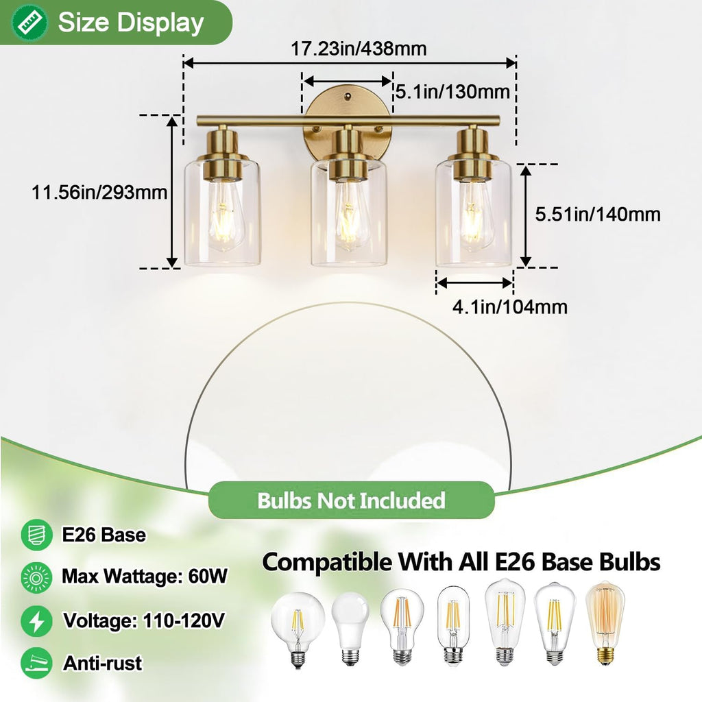 3-Light Gold Bathroom Light Fixtures, Modern Bathroom Vanity Light with Clear Glass Shade, Brushed Gold Bath Wall Mount Lights, Wall Lamp for Mirror Kitchen Bedroom Hallway Living Room Hallway