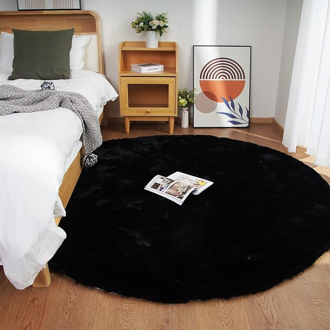 Ghouse Faux Rabbit Fur Round Rug 5ft Black Round Rugs by Ghouse