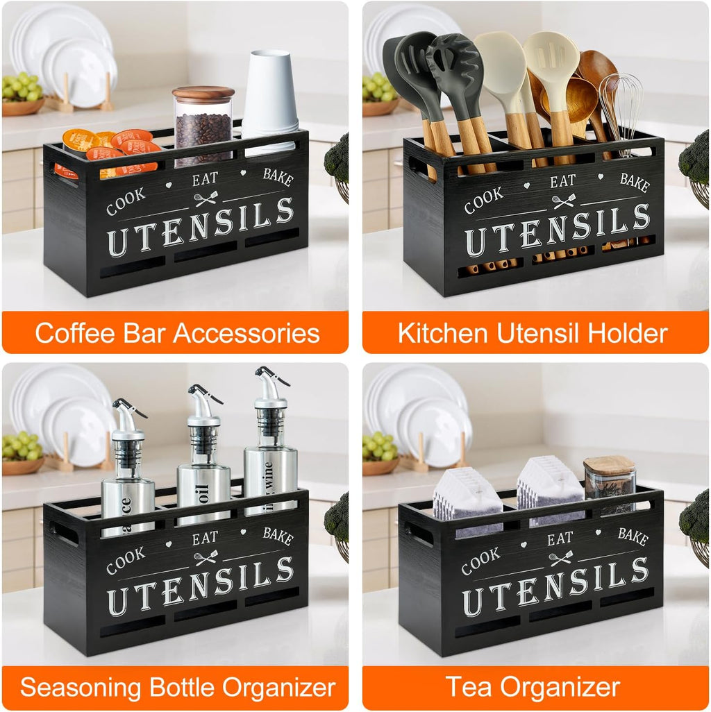 Large Black Wood Utensil Holder for Kitchen Decor Spoon Spatula Organizer